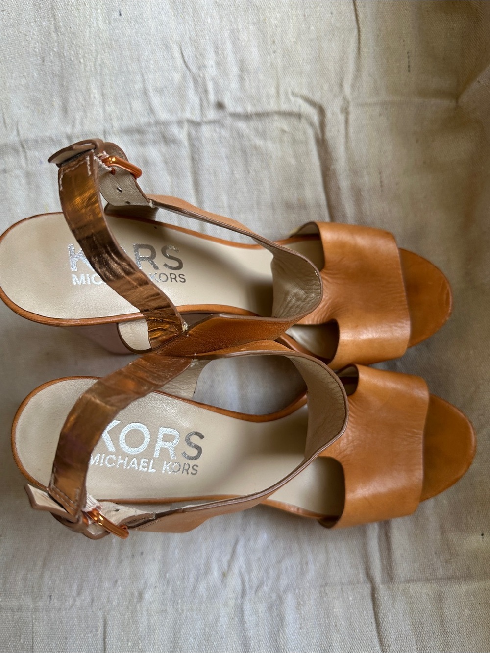Michael Kors Cognac Leather Platform T-Strap Sandals - Picture 4 of 5
